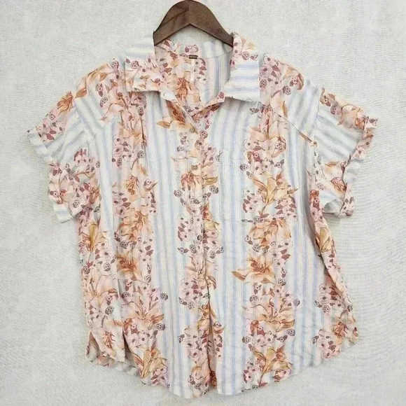 Free People Linen Floral Button up Collar Cap Sleeve Women's Shirt XS 1984P - Picture 1 of 6